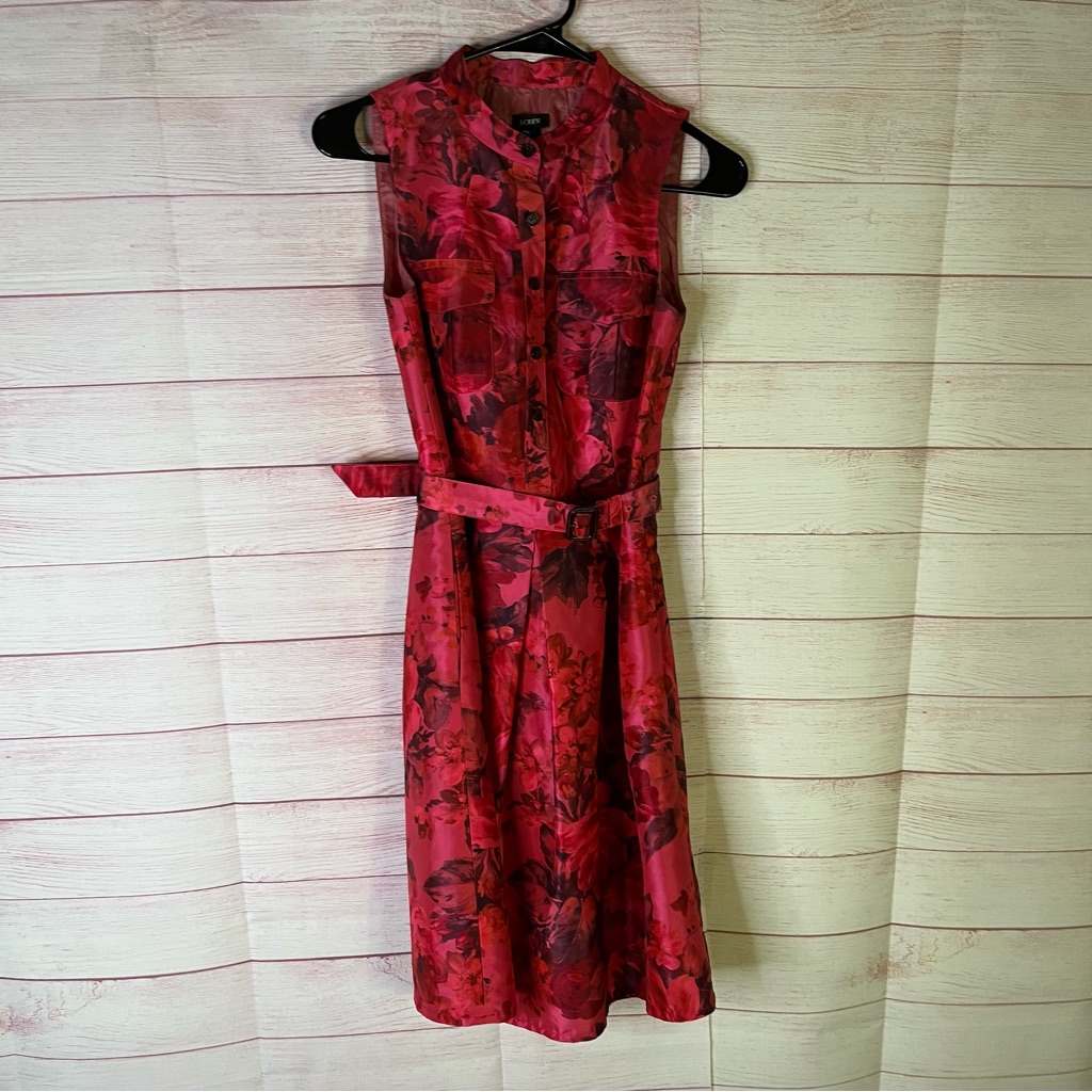 J. Crew Pink Floral Sleeveless Taffeta Satin Belted Pocket Dress Size 00